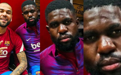 Umtiti exultante con la visita de Alves al vestuario